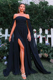 Elegant Black Off-Shoulder Prom Dress with Flowing Cape Sleeves