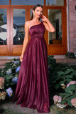 Sparkly Burgunde One Shoulder A Line Ruched Prom Dress