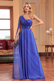 Royal Blue One Shoulder with Streamer A Line Ruched Long Bridesmaid Dress