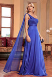 Royal Blue One Shoulder with Streamer A Line Ruched Long Bridesmaid Dress