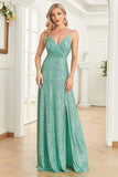 A Line Spaghetti Straps Sequin Mint Long Bridesmaid Dress with Slit