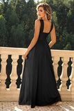 Black Criss Cross Straps A Line Long Bridesmaid Dress with Slit