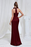 Mermaid Ruched Halter Pine Satin Bridesmaid Dress with Slit