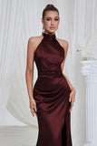 Mermaid Ruched Halter Pine Satin Bridesmaid Dress with Slit