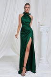 Mermaid Ruched Halter Pine Satin Bridesmaid Dress with Slit