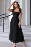 A Line Pleated Bow Spaghetti Straps Black Long Bridesmaid Dress