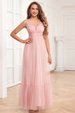 Spaghetti Straps Blush Pink Ruffles A Line Long Bridesmaid Dress