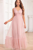 Spaghetti Straps Blush Pink Ruffles A Line Long Bridesmaid Dress