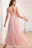 Spaghetti Straps Blush Pink Ruffles A Line Long Bridesmaid Dress