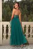 Pine Strapless Tulle Long A Line Ruffles Bridesmaid Dress