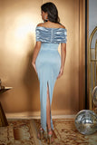 Mermaid Light Blue Off The Shoulder Ruched Satin Long Bridesmaid Dress