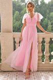 A Line Blush Pink Spaghetti Straps Pleated Bridesmaid Dress with Slit