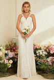 Ivory Apricot Spaghetti Straps Mermaid Lace Long Wedding Dress