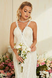 Ivory Apricot Spaghetti Straps Mermaid Lace Long Wedding Dress