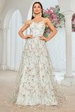 A Line Ivory Flower Spaghetti Straps Embroidery Long Wedding Dress