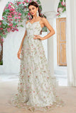 A Line Ivory Flower Spaghetti Straps Embroidery Long Wedding Dress