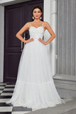 Ivory Pleated A Line Spaghetti Straps Long Wedding Dress