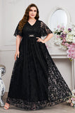 Navy A-Line V-Neck Short Sleeves Long Choir Dress with Lace