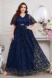 Navy A-Line V-Neck Short Sleeves Long Choir Dress with Lace