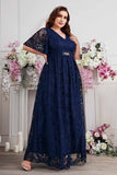 Navy A-Line V-Neck Short Sleeves Long Choir Dress with Lace