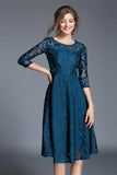 Peacock A-Line Round Neck Half Sleeves Midi Mother of the Bride Dress