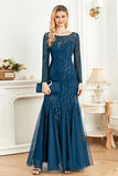 Sparkly Ink Blue Appliques Beads Long Sleeves Round Neck Mother Of The Bride Dress