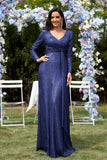 Glitter Royal Blue Beads V Neck Long Sleeves Pleated Sheath Mother of the Bride Dress