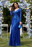 Glitter Royal Blue Beads V Neck Long Sleeves Pleated Sheath Mother of the Bride Dress