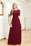 Black Chiffon Half Sleeves Round Neck Appliques A Line Mother of the Bride Dress