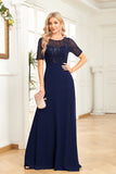 Black Chiffon Half Sleeves Round Neck Appliques A Line Mother of the Bride Dress