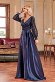 Navy Sequin Long Sleeves A Line Mother Of The Bride Dresse