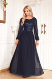 Navy Sequin Long Sleeves A Line Tulle Long Mother Of The Bride Dresse