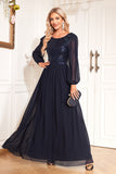 Navy Sequin Long Sleeves A Line Tulle Long Mother Of The Bride Dresse