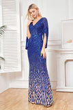 Sparkly Royal Blue V-Neck Mother Of Bride Dress with Long Sleeves