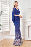 Sparkly Royal Blue V-Neck Mother Of Bride Dress with Long Sleeves