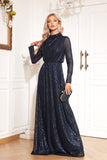 Sparkly Navy A Line Mother of Bride Dress with Long Sleeves