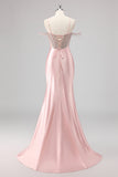 Sparkly Mermaid Cold Shoulder Beaded Long Pink Prom Dress with Slit
