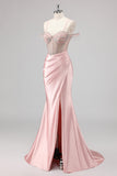 Sparkly Mermaid Cold Shoulder Beaded Long Pink Prom Dress with Slit
