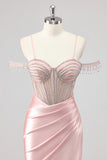 Sparkly Mermaid Cold Shoulder Beaded Long Pink Prom Dress with Slit