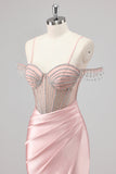 Sparkly Mermaid Cold Shoulder Beaded Long Pink Prom Dress with Slit