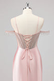 Sparkly Mermaid Cold Shoulder Beaded Long Pink Prom Dress with Slit