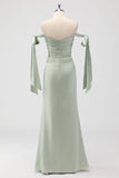 Sage Green Off The Shoulder Mermaid Ruched Long Bridesmaid Dress