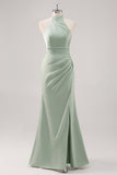 Sage Green Halter Sheath Bridesmaid Dress with Slit