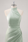 Sage Green Halter Sheath Bridesmaid Dress with Slit