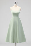 Sage Green A-Line Square Neck Satin Midi Bridesmaid Dress