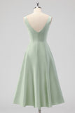 Sage Green A-Line Square Neck Satin Midi Bridesmaid Dress