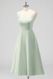 Sage Green A-Line Square Neck Satin Midi Bridesmaid Dress