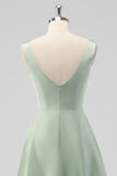 Sage Green A-Line Square Neck Satin Midi Bridesmaid Dress