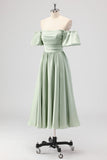 Sage Green A-Line Off the Shoulder Satin Tea Length Bridesmaid Dress