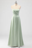 Sage Green A-Line Satin Spaghetti Straps Long Bridesmaid Dress